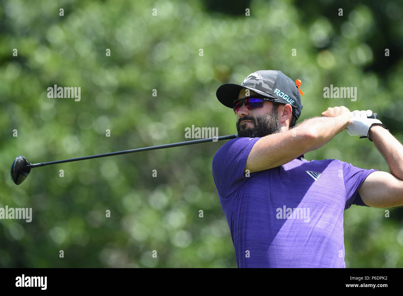 Potomac, Maryland, USA. JUNE 29, 2018 - Adam Hadwin (CAN) tees off at the sixteenth hole during the second round at the 2018 Quicken Loans National at the Tournament Players Club in Potomac MD. Credit: Cal Sport Media/Alamy Live News Stock Photo