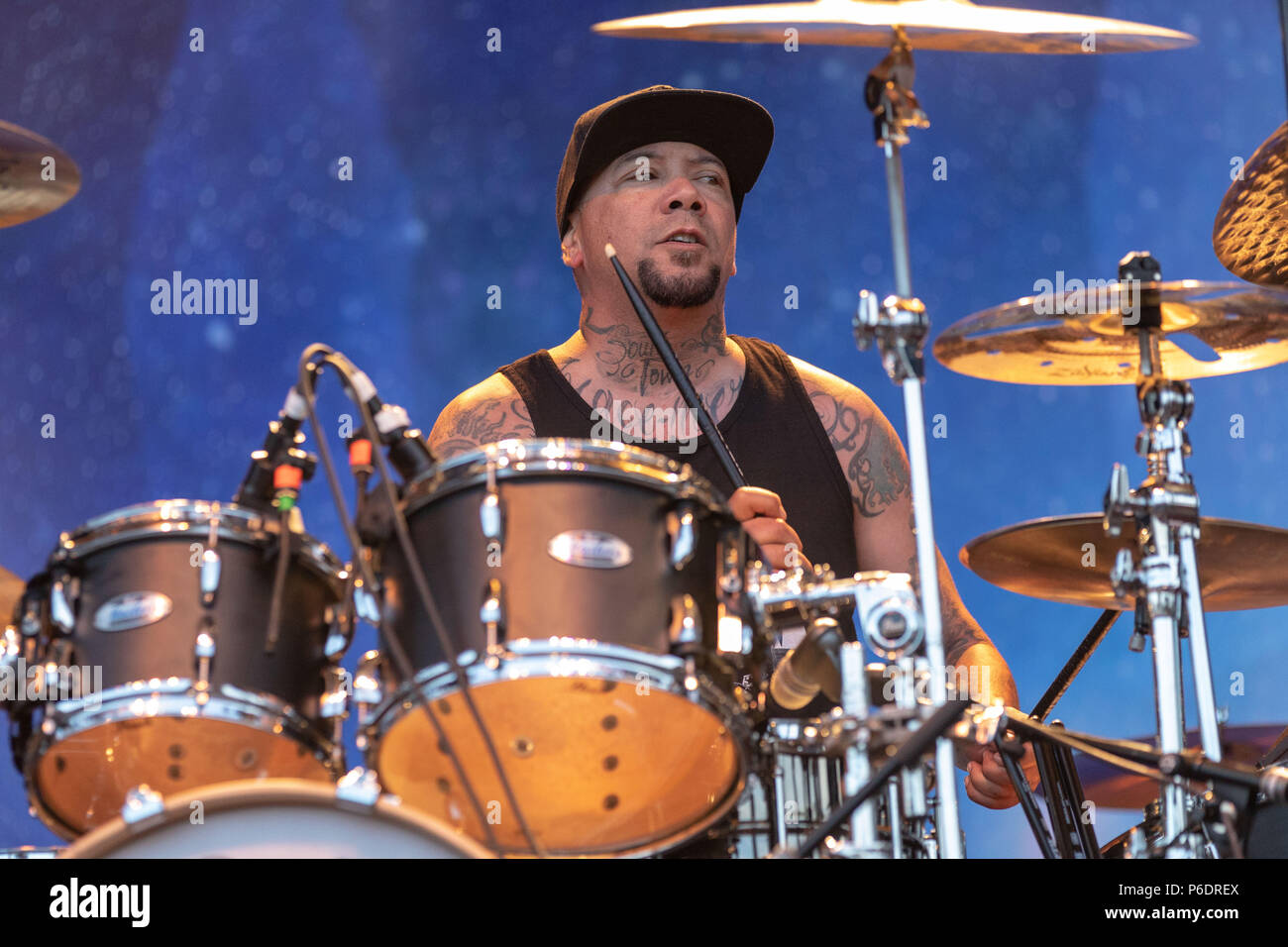 June 28, 2018 - Milwaukee, Wisconsin, U.S - WUV BERNARDO of P.O.D. performs  live at Henry Maier Festival Park during Summerfest in Milwaukee, Wisconsin  (Credit Image: © Daniel DeSlover via ZUMA Wire Stock Photo - Alamy