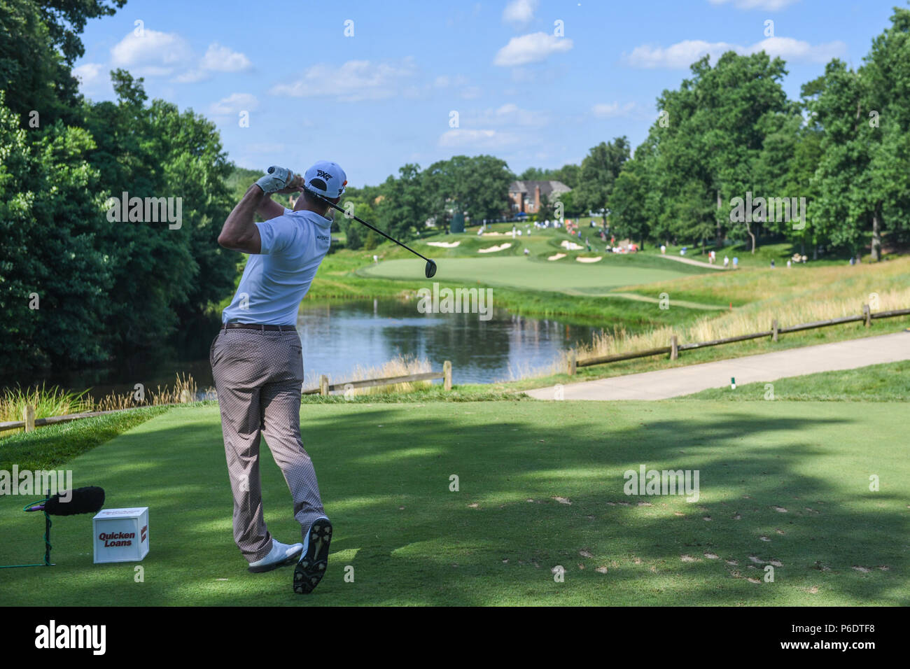 JUNE 29, 2018 - Billy Horschel (USA) tees off at the short par four thirteenth hole during the second round at the 2018 Quicken Loans National at the Tournament Players Club in Potomac Maryland. Stock Photo