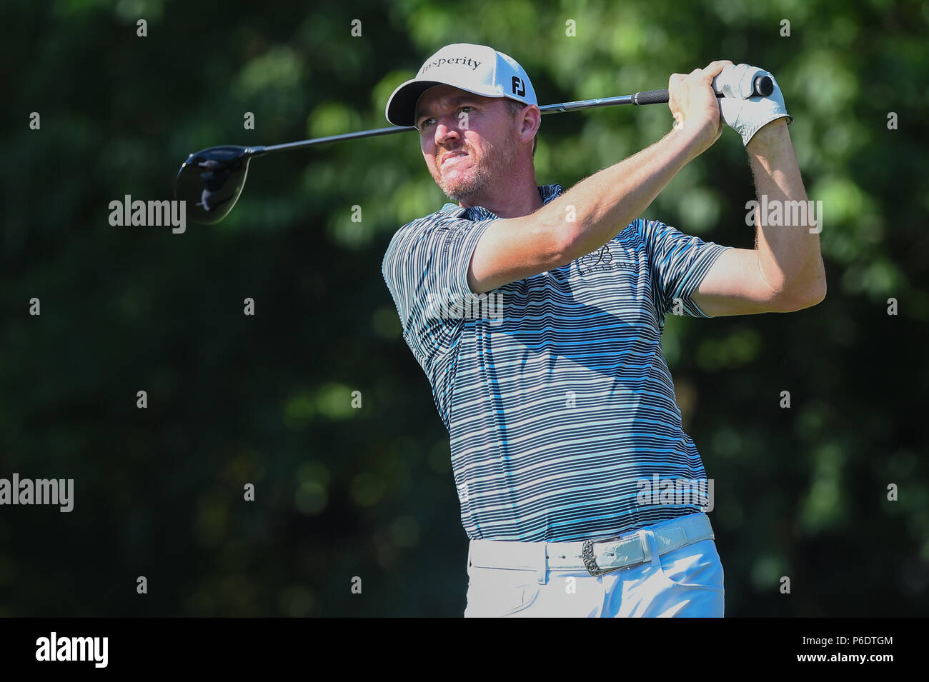 JUNE 29, 2018 - Jimmy Walker (USA) tees off at the fifteenth hole during the second round at the 2018 Quicken Loans National at the Tournament Players Club in Potomac Maryland. Stock Photo