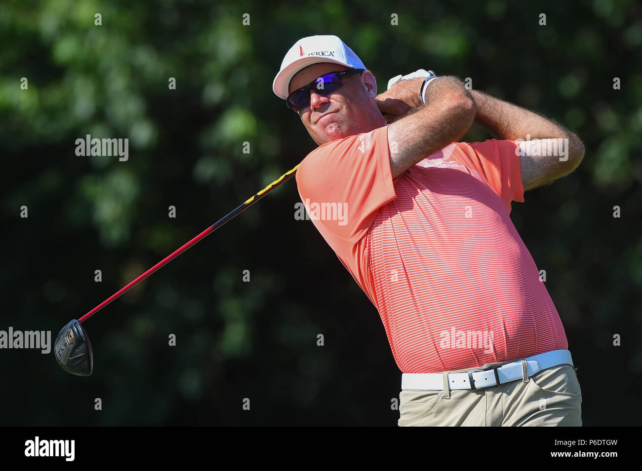 JUNE 29, 2018 - Stewart Cink (USA) tees off at the fifteenth hole during the second round at the 2018 Quicken Loans National at the Tournament Players Club in Potomac Maryland. Stock Photo