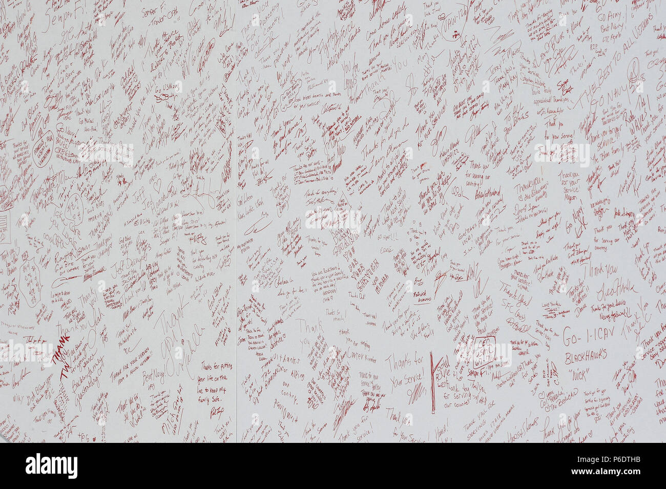 JUNE 29, 2018 - Signatures fill the salute to the military wall during the second round at the 2018 Quicken Loans National at the Tournament Players Club in Potomac Maryland. Stock Photo