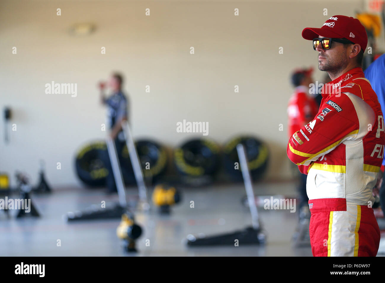 Joliet, Illinois, USA. 29th June, 2018. Michael Annett (5) gets ready to practice for the Overton's 300 at Chicagoland Speedway in Joliet, Illinois. Credit: Stephen A. Arce/ASP/ZUMA Wire/Alamy Live News Stock Photo