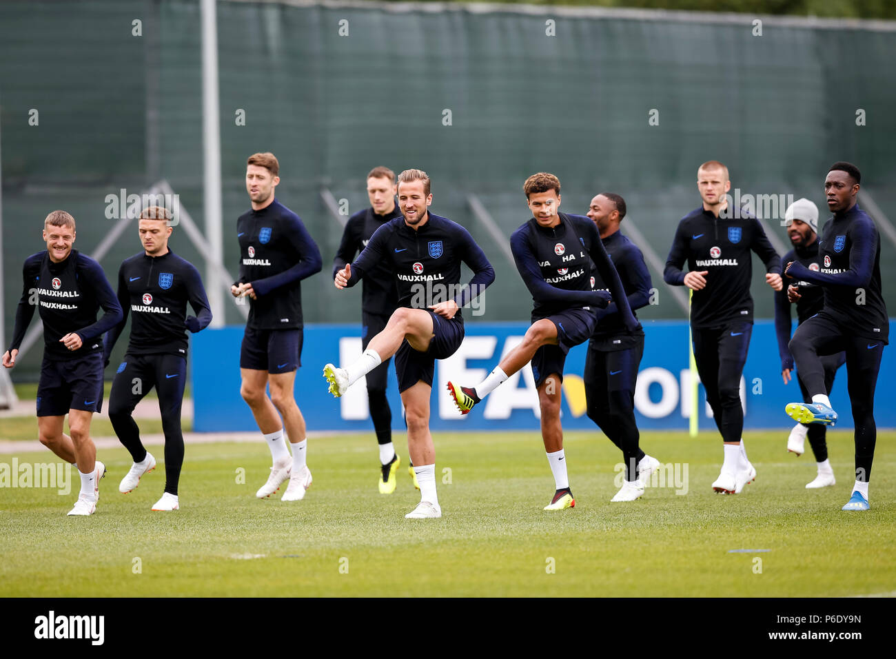 Harry Kane of England and Dele Alli of England during an England training session at Stadium Spartak Zelenogorsk on June 30th 2018 in Zelenogorsk, Saint Petersburg, Russia. (Photo by Daniel Chesterton/phcimages.com) Stock Photo