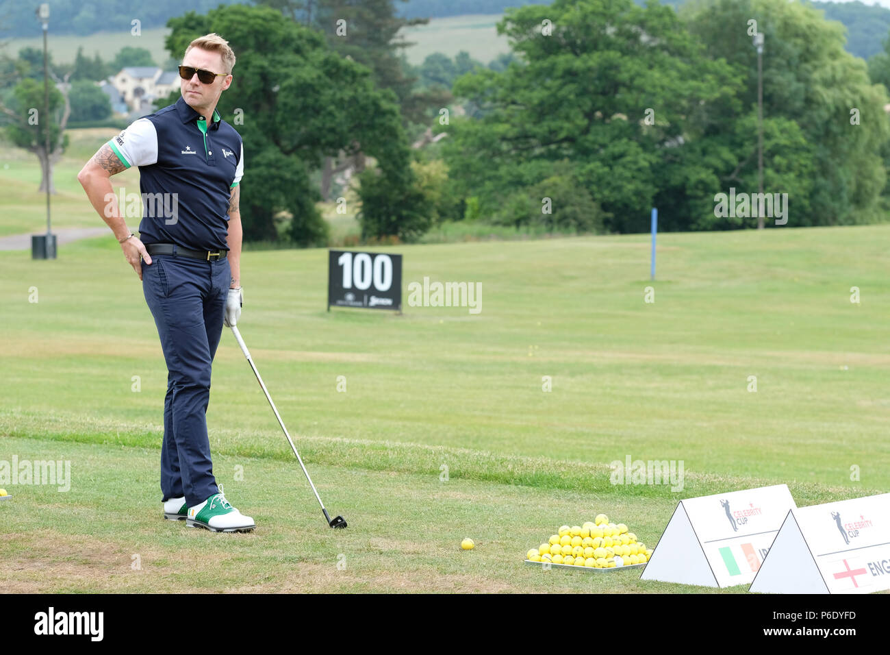 Newport, UK, 30 June 2018. Celebrity Cup golf tournament - Celtic Manor, Newport, Wales, UK - Saturday 30th June - Ronan Keating playing for Team Ireland warms up on the practice range. Photo Steven May / Alamy Live News Stock Photo