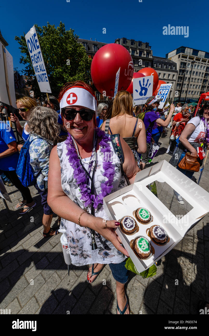 70th anniversary of the National Health Service. The event is also being used to demonstrate against austerity, funding cuts and attempts to sell departments to the private sector Stock Photo