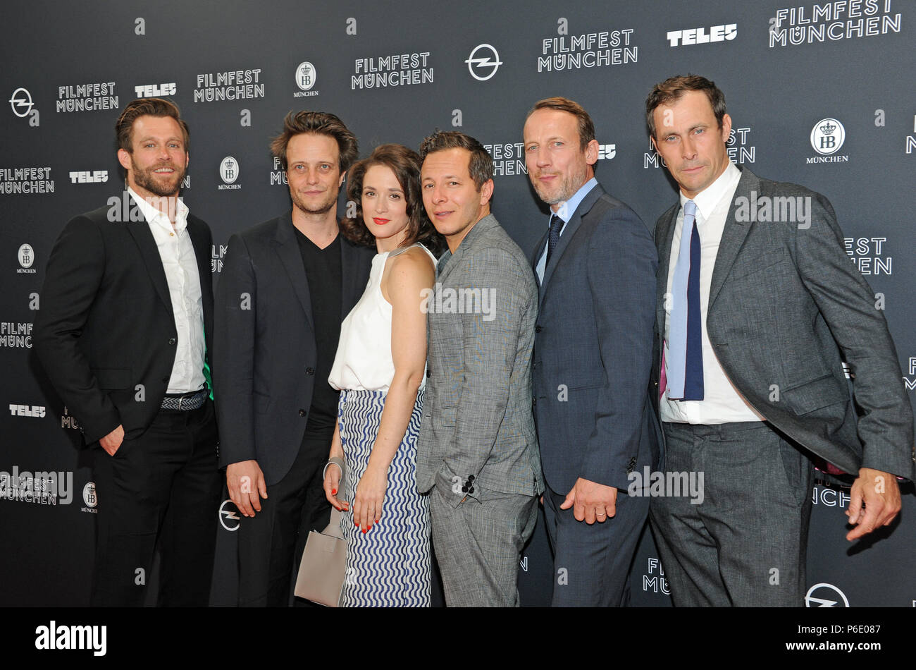 Munich, Germany. 29th June, 2018. The actors 'Ken Duken (L-R), August Diehl, Friederike Becht, Trystan Puetter, Wotan Wilke Moehring und Marc Hosemann' arrive for the premiere of the TV series 'Parfum' (lit. 'perfume'). Thompson is being awarded the CineMerit at the Munich International Film festival. Credit: Ursula Düren/dpa/Alamy Live News Stock Photo