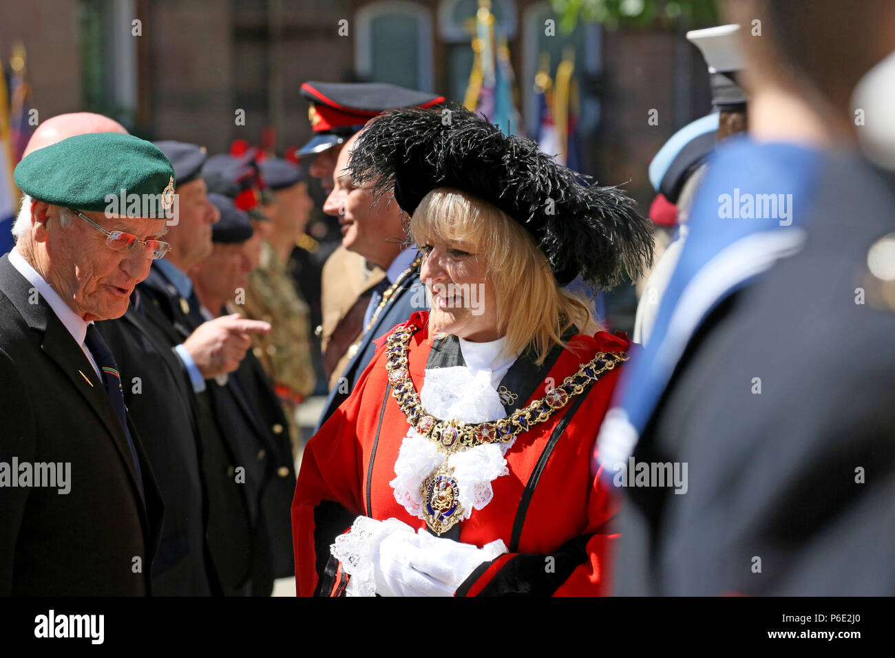Manchester, UK, 30 June 2018. The Lord Mayor meets and talks to veterans during celebrations of Armed Forces Day where the public are given the opportunity to meet members of the armed forces and talk to them about the work they do, St Peters Square, Manchester, 30th June, 2018 (C)Barbara Cook/Alamy Live News Stock Photo