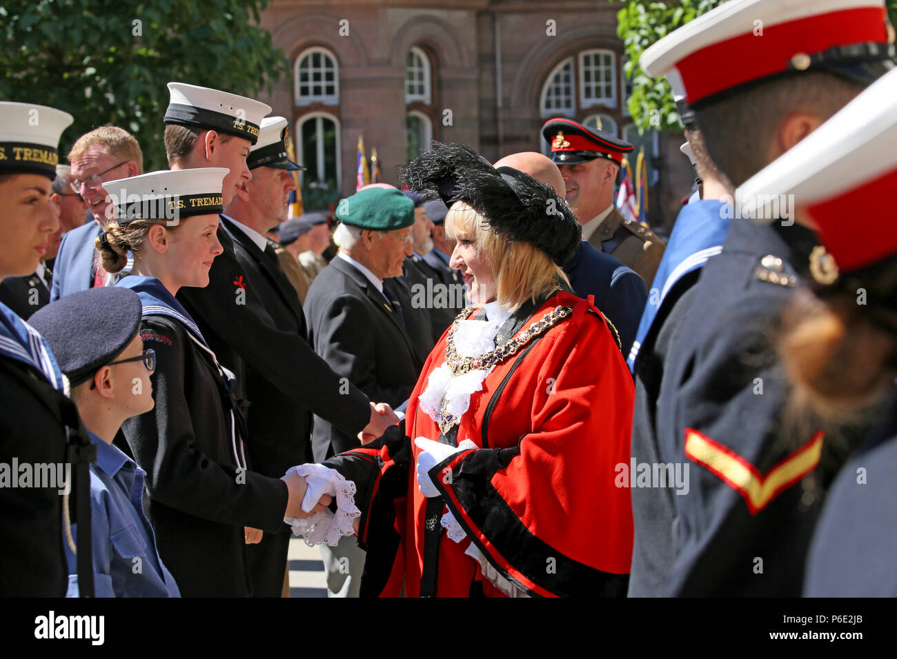 Manchester, UK, 30 June 2018. The Lord Mayor meeting cadets during celebrations of Armed Forces Day where the public are given the opportunity to meet members of the armed forces and talk to them about the work they do, St Peters Square, Manchester, 30th June, 2018 (C)Barbara Cook/Alamy Live News Stock Photo