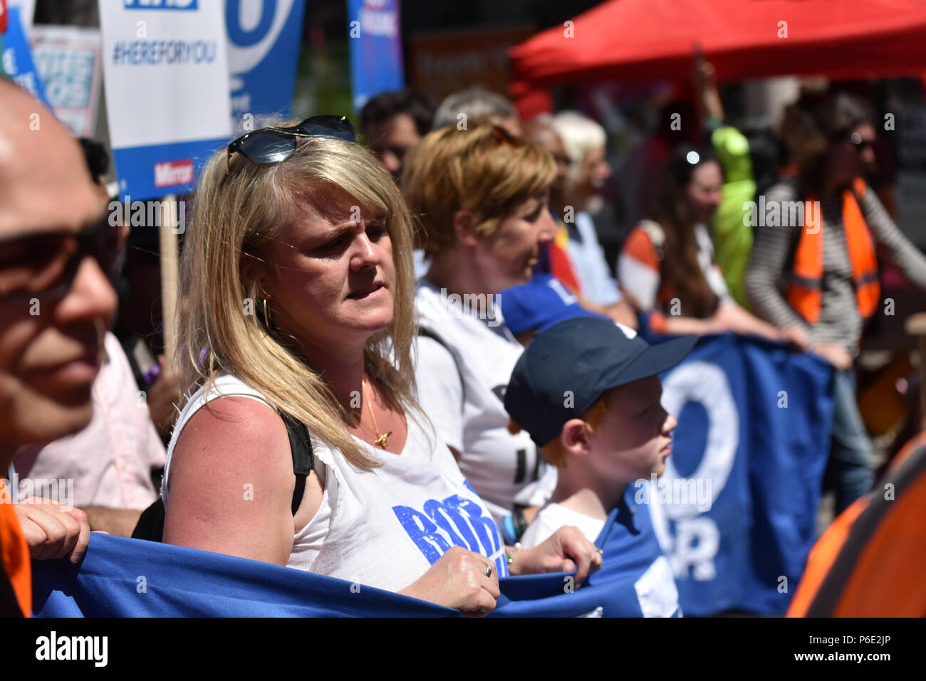 London, UK. 30th June 2018.  Sally Lindsay, Julie Hesmondhalgh. 'NHS at 70: Free, for all, forever', protest march through central London on its 70th birthday. Credit: Matthew Chattle/Alamy Live News Stock Photo