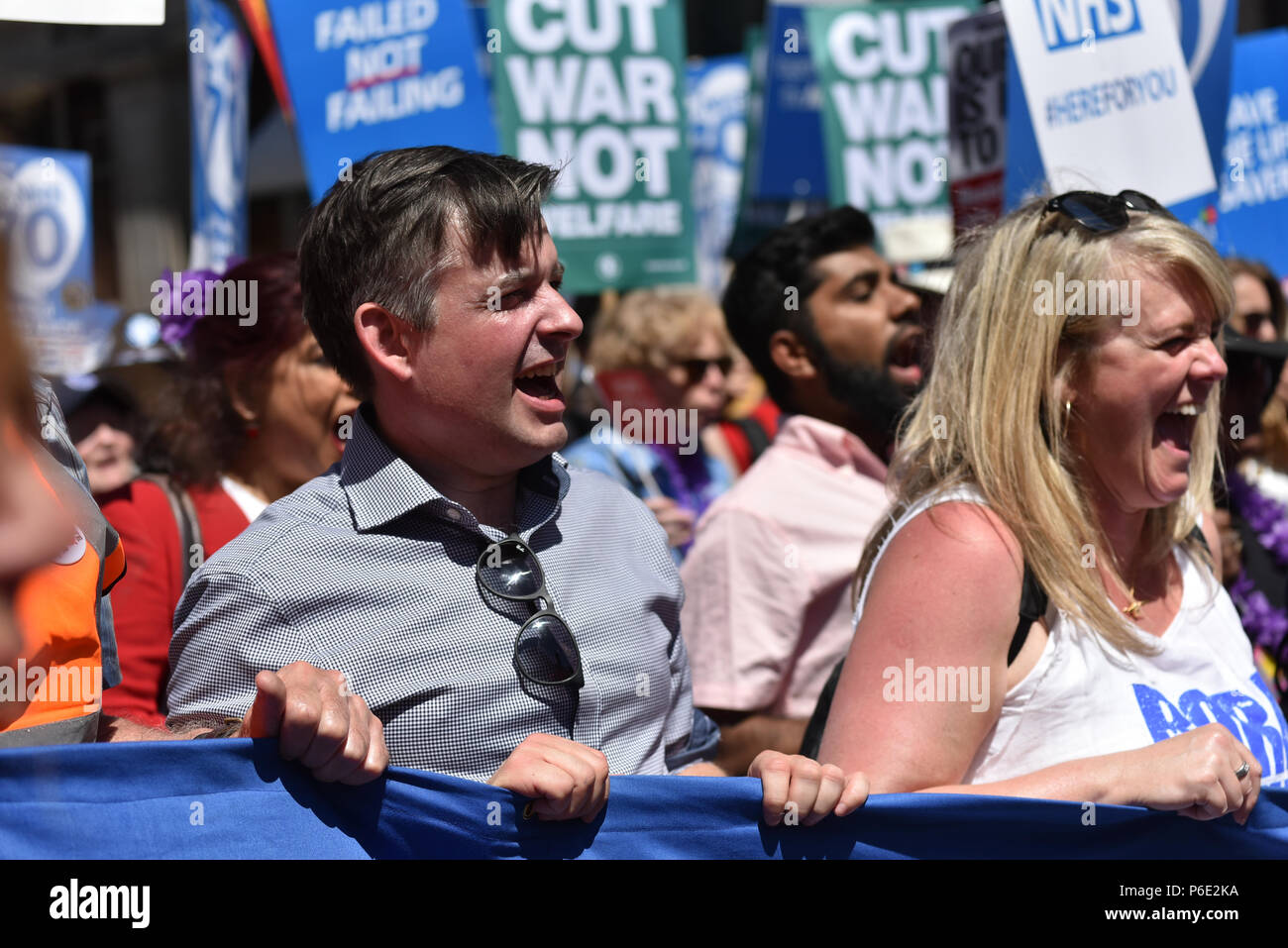 London, UK. 30th June 2018.  John Ashworth MP, Sally Lindsay.  'NHS at 70: Free, for all, forever', protest march through central London on its 70th birthday. Credit: Matthew Chattle/Alamy Live News Stock Photo