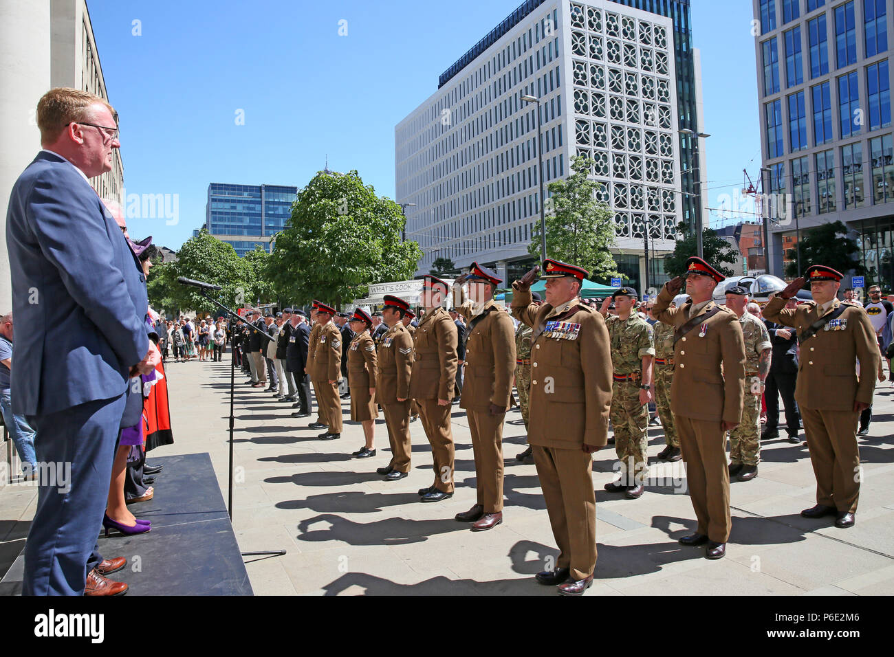 Manchester, UK, 30 June 2018. Parade salute during celebrations of Armed Forces Day where the public are given the opportunity to meet members of the armed forces and talk to them about the work they do, St Peters Square, Manchester, 30th June, 2018 (C)Barbara Cook/Alamy Live News Stock Photo