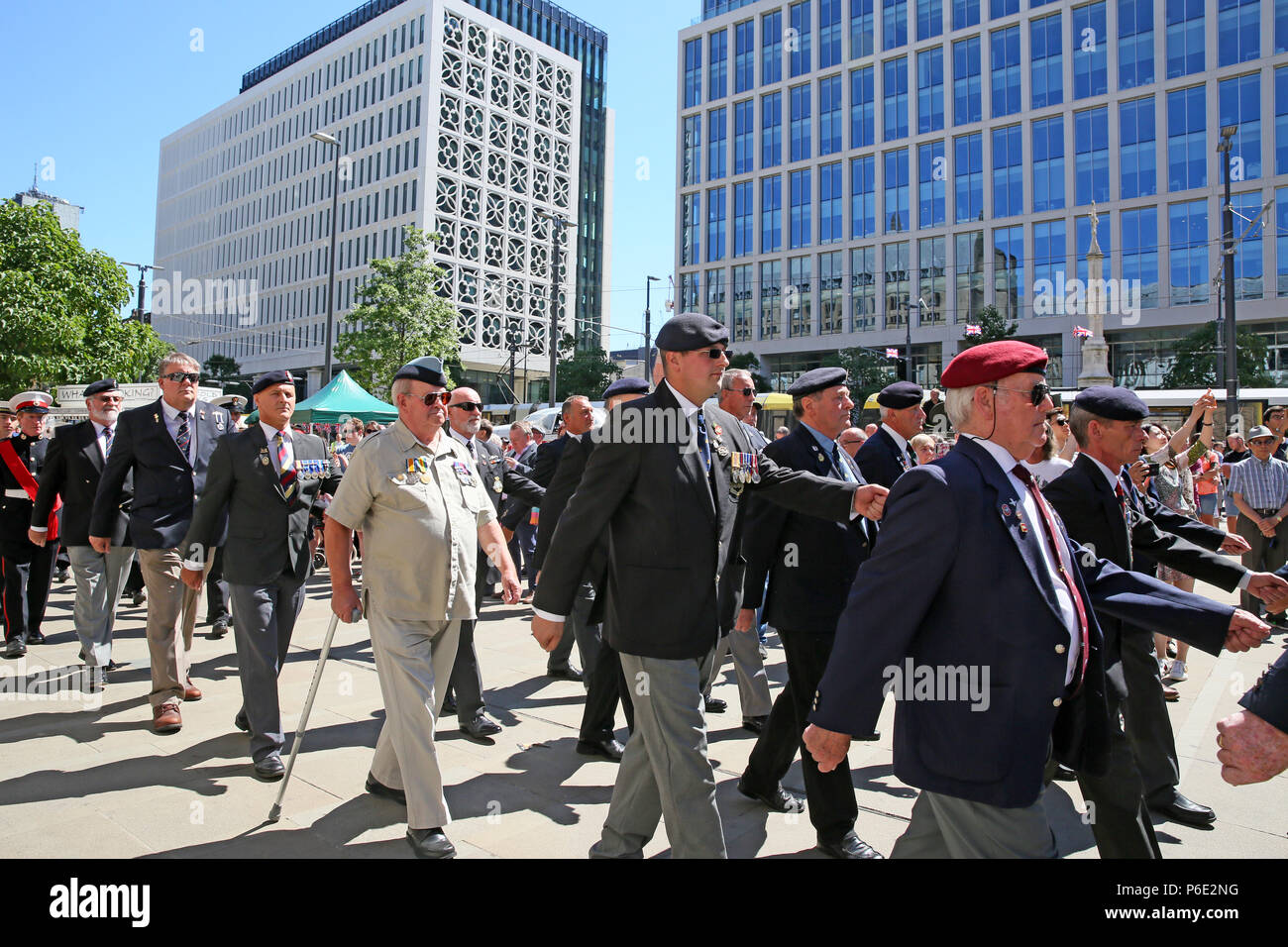 Manchester, UK, 30 June 2018. Veterans parade during celebrations of Armed Forces Day where the public are given the opportunity to meet members of the armed forces and talk to them about the work they do, St Peters Square, Manchester, 30th June, 2018 (C)Barbara Cook/Alamy Live News Stock Photo