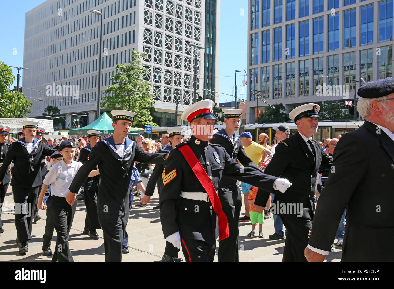 Manchester, UK, 30 June 2018. Members of the Navy parade during celebrations of Armed Forces Day where the public are given the opportunity to meet members of the armed forces and talk to them about the work they do, St Peters Square, Manchester, 30th June, 2018 (C)Barbara Cook/Alamy Live News Stock Photo