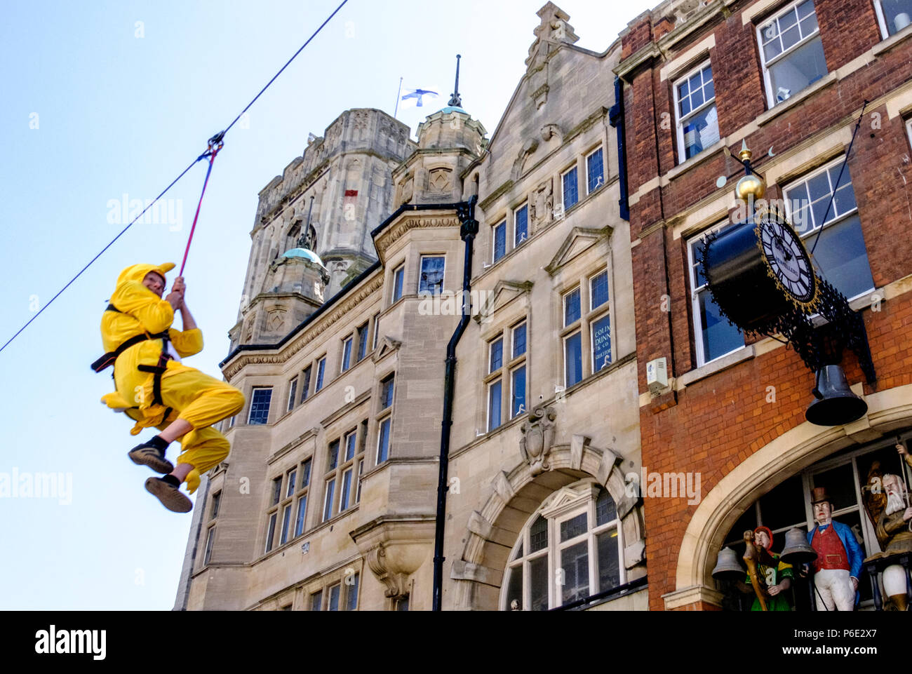 Gloucester, UK, 30th June 2018. A zip wire has been erected in Gloucester city Center, it is