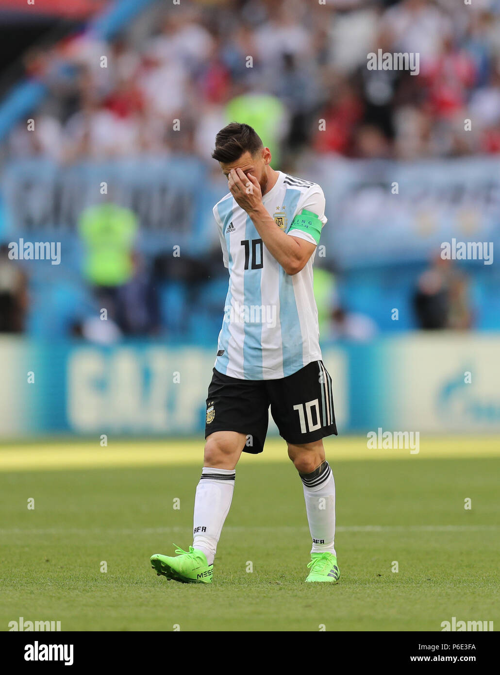 (180630) -- KAZAN, June 30, 2018 (Xinhua) -- Lionel Messi of Argentina reacts during the 2018 FIFA World Cup round of 16 match between France and Argentina in Kazan, Russia, on June 30, 2018. (Xinhua/Lu Jinbo) Stock Photo
