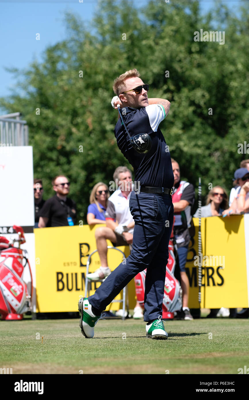 Newport, Wales, 30 June 2018. Celebrity Cup golf tournament - Celtic Manor, Newport, Wales, UK - Saturday 30th June - Singer Ronan Keating playing for Team Ireland tees off in the afternoon session at the Celebrity Cup. Photo Steven May / Alamy Live News Stock Photo