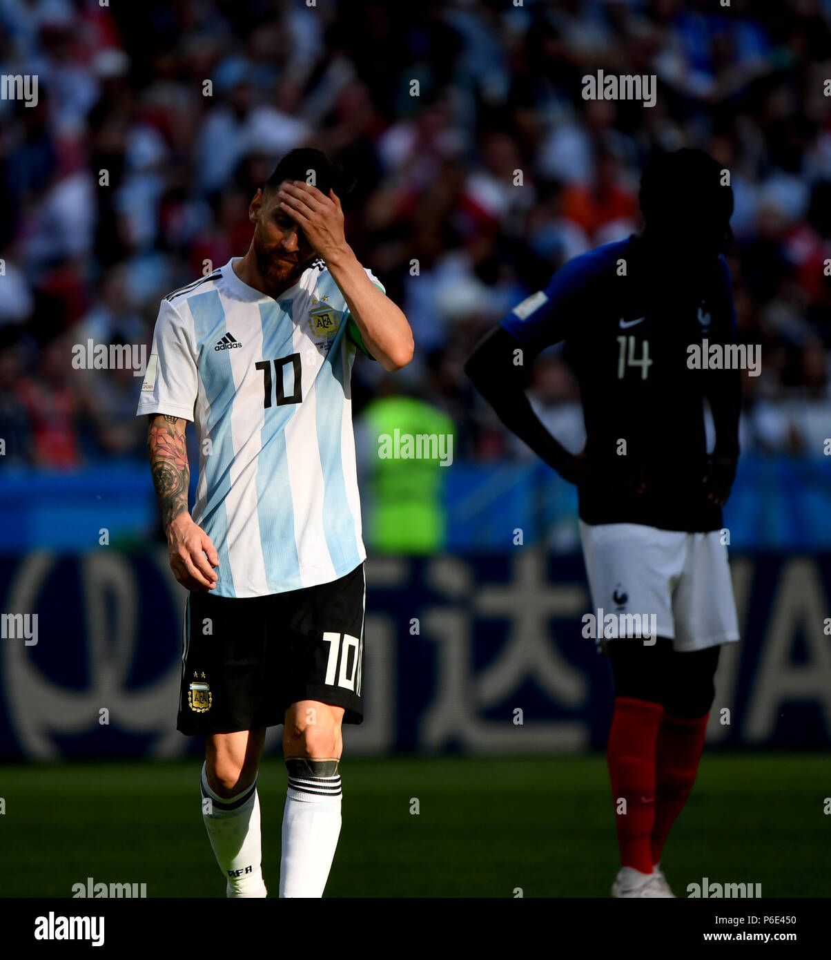 (180630) -- KAZAN, June 30, 2018 (Xinhua) -- Lionel Messi of Argentina reacts during the 2018 FIFA World Cup round of 16 match between France and Argentina in Kazan, Russia, June 30, 2018. (Xinhua/Li Ga) Stock Photo