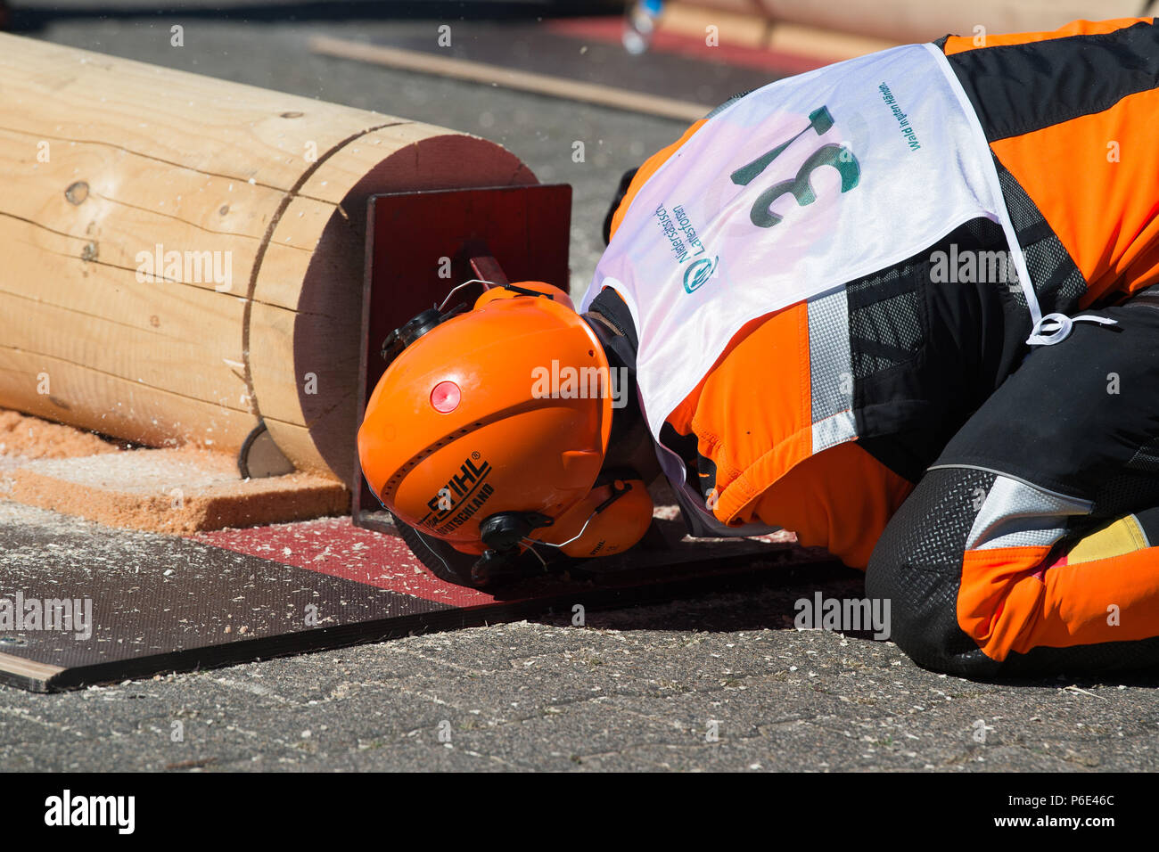 Seesen, Germany. 30th June, 2018. Marco Berghoefer, starter in the Chainsaw Cup, completes the discipline 'Praezisionsschnitt' (lit. precision cut). Arround 55 participants are competing for the title of 'Niedersaechsischer Waldarbeitsmeister' (lit. Lower Saxony Forestry Champion). Credit: Swen Pförtner/dpa/Alamy Live News Stock Photo