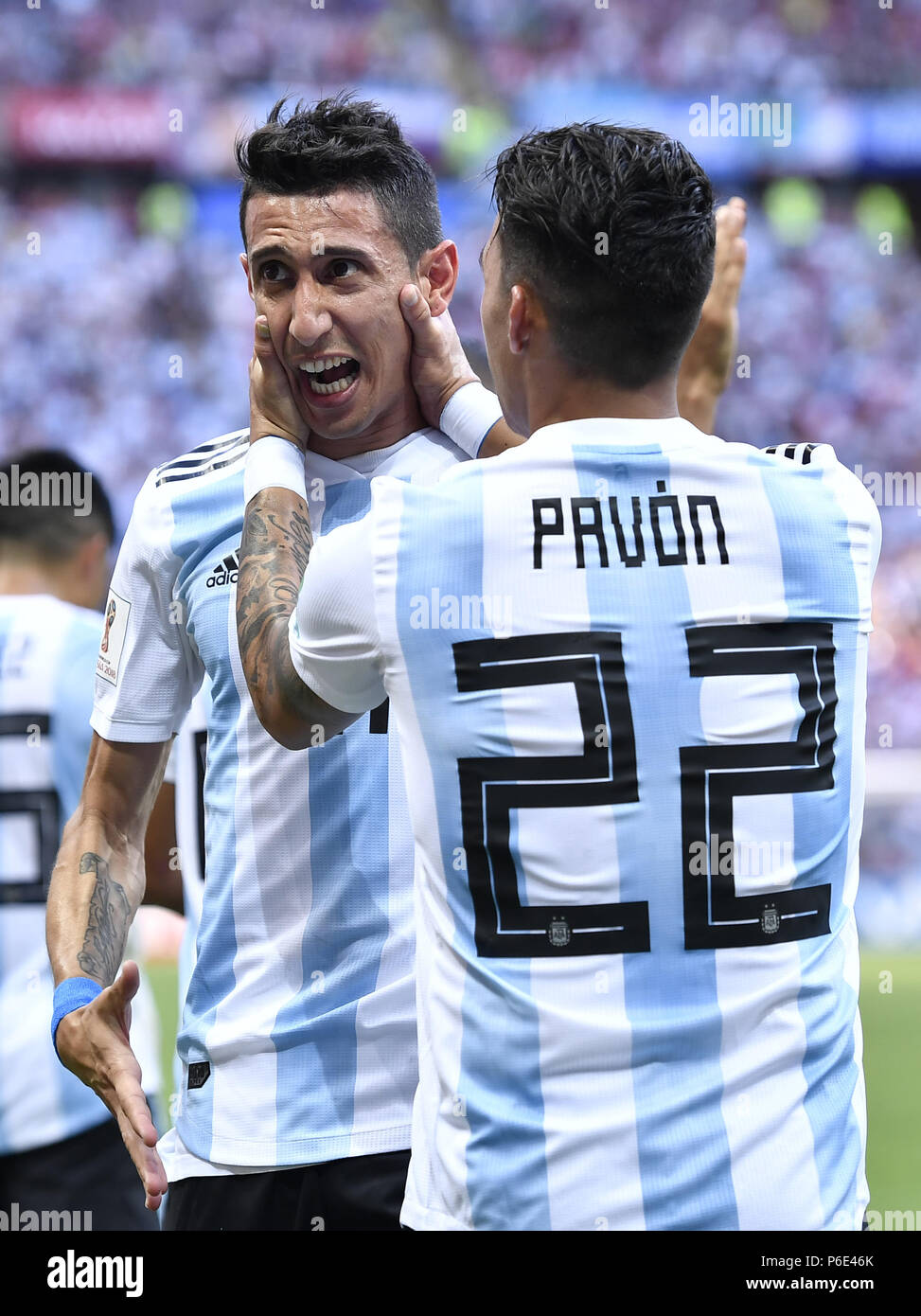 (180630) -- KAZAN, June 30, 2018 (Xinhua) -- Angel Di Maria (L) of Argentina celebrates scoring with Cristian Pavon during the 2018 FIFA World Cup round of 16 match between France and Argentina in Kazan, Russia, on June 30, 2018. (Xinhua/Chen Yichen) Stock Photo