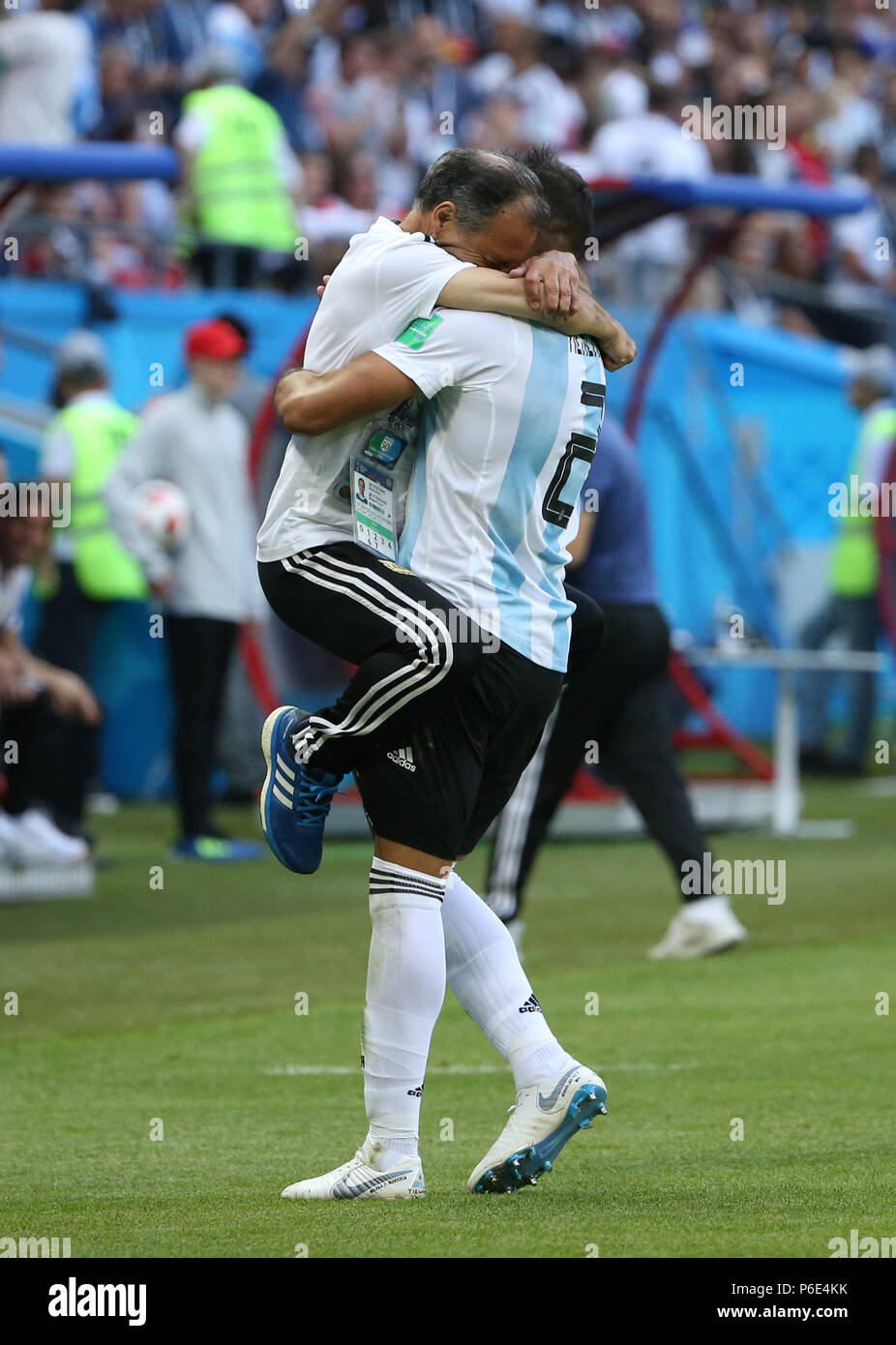Kazan, Russia. 30th June, 2018. Gabriel Mercado (R) of Argentina celebrates scoring during the 2018 FIFA World Cup round of 16 match between France and Argentina in Kazan, Russia, June 30, 2018. Credit: Li Ming/Xinhua/Alamy Live News Stock Photo