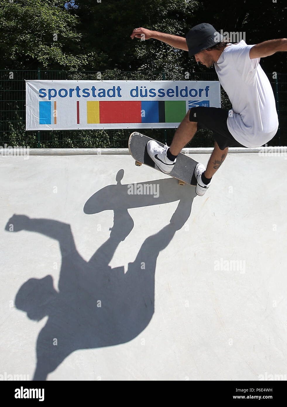 Duesseldorf, Germany. 30th June, 2018. Emmerich Jacobs on a skateboard at  the new Skatepark Eller. Germany's largest skatepark officially opened on  30 June 2018. Credit: David Young/dpa/Alamy Live News Stock Photo - Alamy