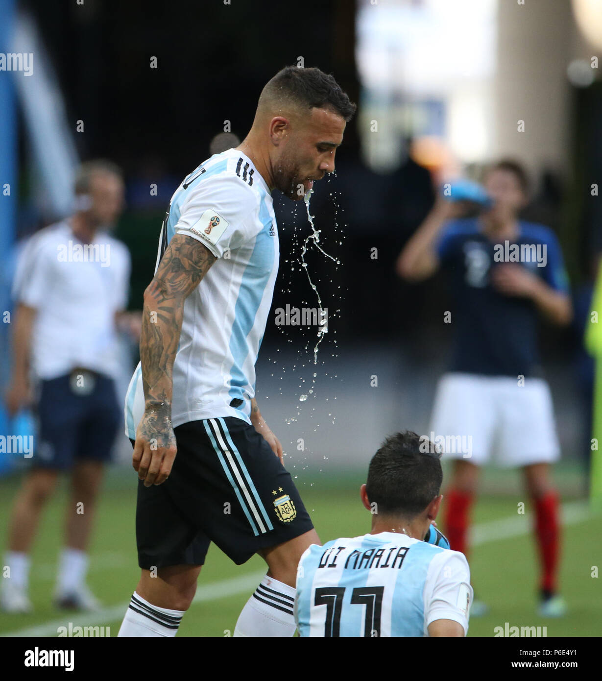 Kazan, Russia. 30th June, 2018. Nicolas Otamendi (top) of Argentina is seen during the 2018 FIFA World Cup round of 16 match between France and Argentina in Kazan, Russia, June 30, 2018. Credit: Li Ming/Xinhua/Alamy Live News Stock Photo