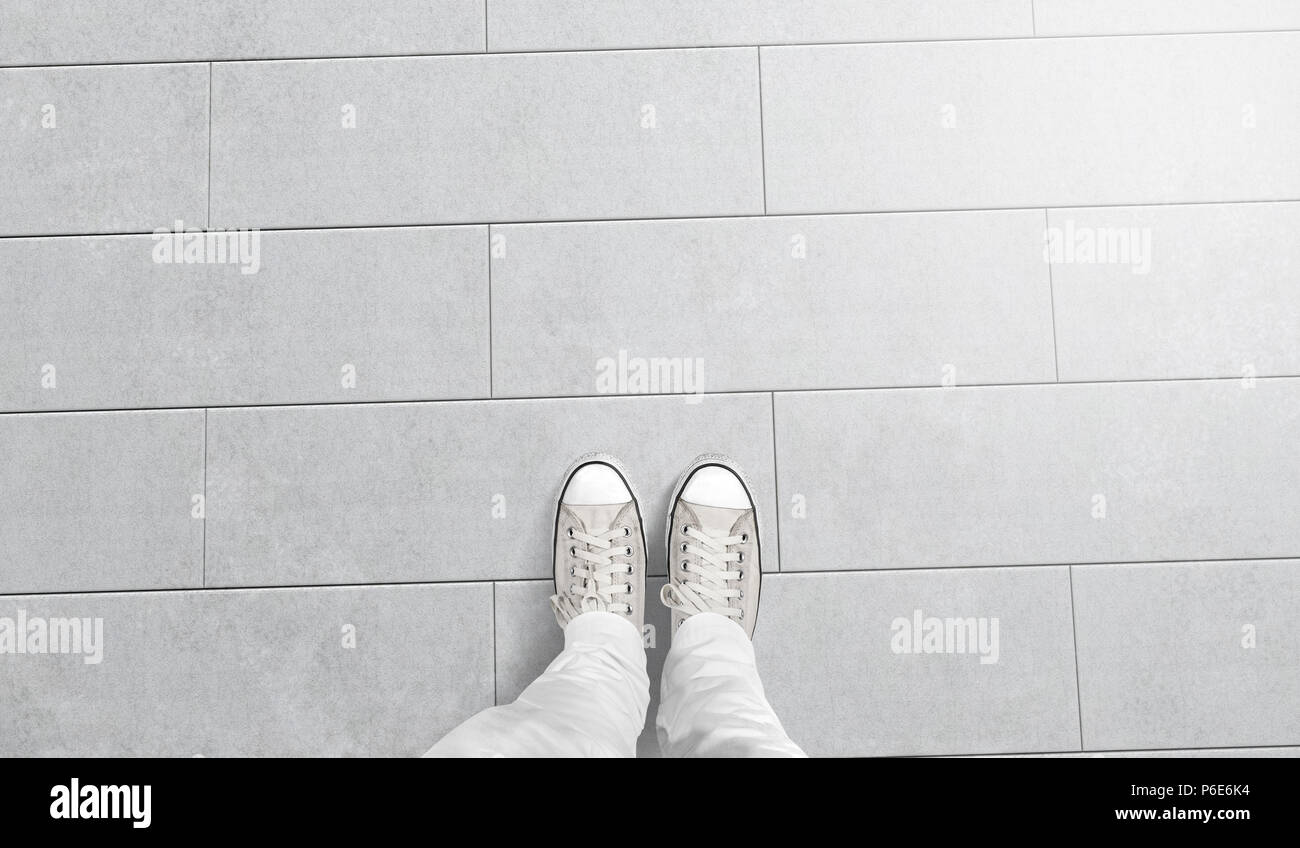 Download Person Taking Photo Of His Foots Stand On Blank Floor Isolated Top View Clipping Path Ground Design Mock Up Man Wear Gumshoes And Watching Down Deck Flooring Mockup Template Stock Photo