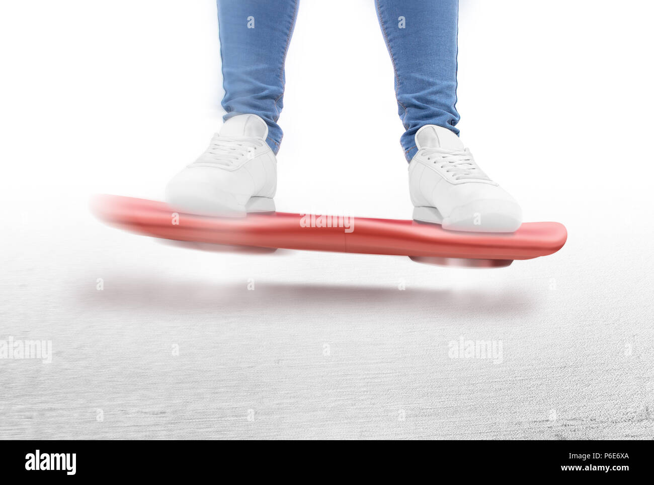 Man moving on red hover board scooter isolated. Smart hoverboard movie scoter. No wheel futuristic transport device. Future transportation technology. driver. Person ride antigravity levitation Stock Photo