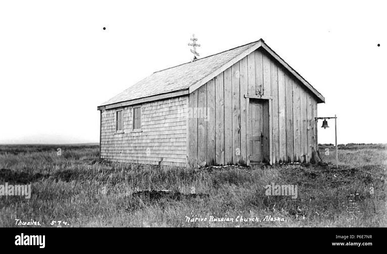 . English: Russian Orthodox Church, probably Port Heiden, ca. 1912 . English: Caption on image: Native Russian Church, Alaska PH Coll 247.185 Port Heiden is 499 miles southwest of Anchorage, at the mouth of the Meshik River on the north side of the Alaska Peninsula. The old village of Meshik was located at the current site of Port Heiden. Influenza epidemics during the early 1900s forced residents to relocate to other villages. During World War II, Fort Morrow was built, and 5,000 personnel were stationed at the base. A school was established in the early 1950s and more people from surrounding Stock Photo
