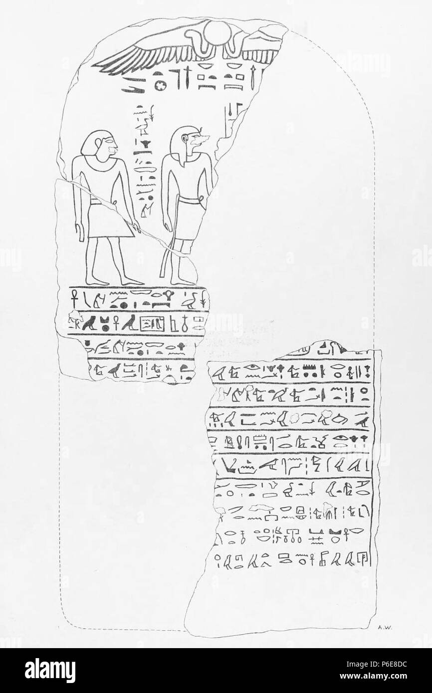 English: Drawing of a broken stele of pharaoh Nubkheperre Intef, followed by the king's son, head of the bowmen, Nakht. Limestone, from the Temple of Osiris in Abydos, 17th Dynasty. 10 May 2014, 12:11:28 75 Stele Nubkheperre Petrie 02 Stock Photo