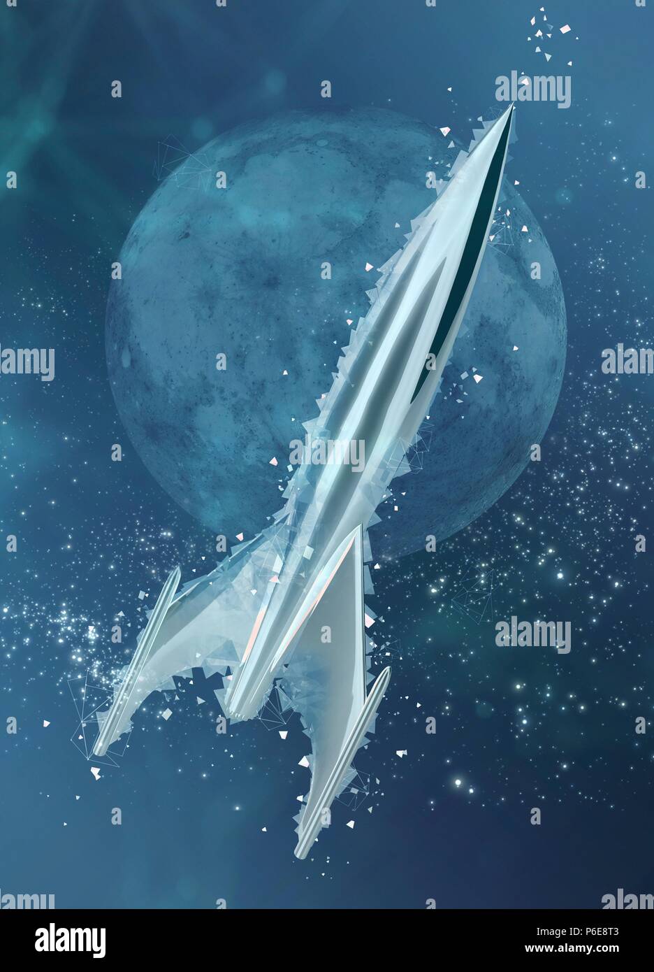 Retro space rocket and moon, illustration. Stock Photo