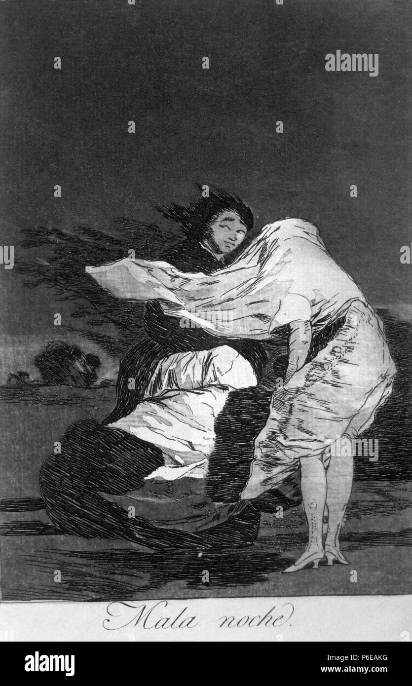 Francisco de Goya y Lucientes (Fuendetodos, 1746-Burdeos, 1828). Grabado. Serie 'Los caprichos' (aguafuerte). Plancha 36ª: Mala noche. Primera edición. Madrid, 1799. Stock Photo