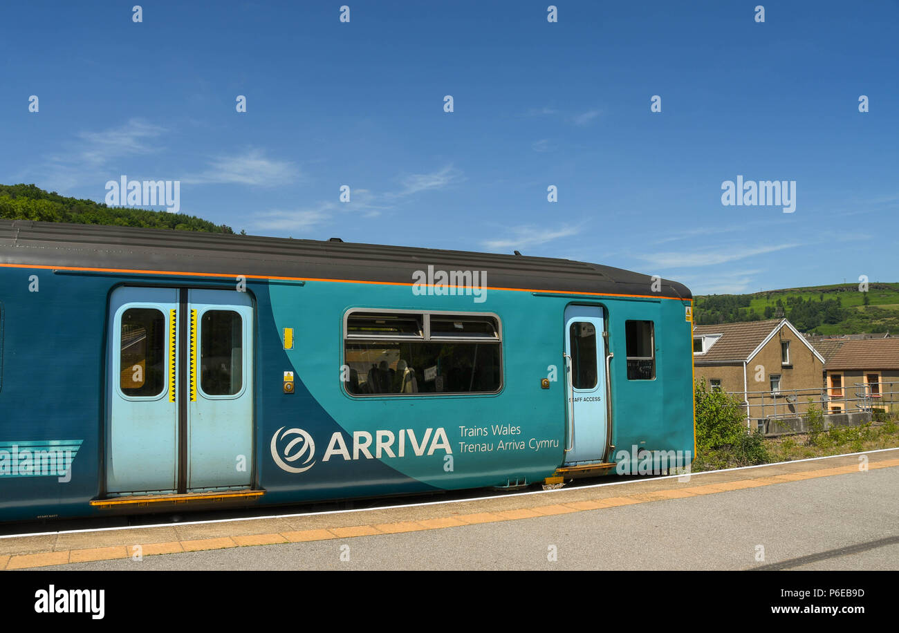 Wide angle view of the front of a Sprinter diesel passenger train about to depart from Abercynon railway station in south Wales Stock Photo