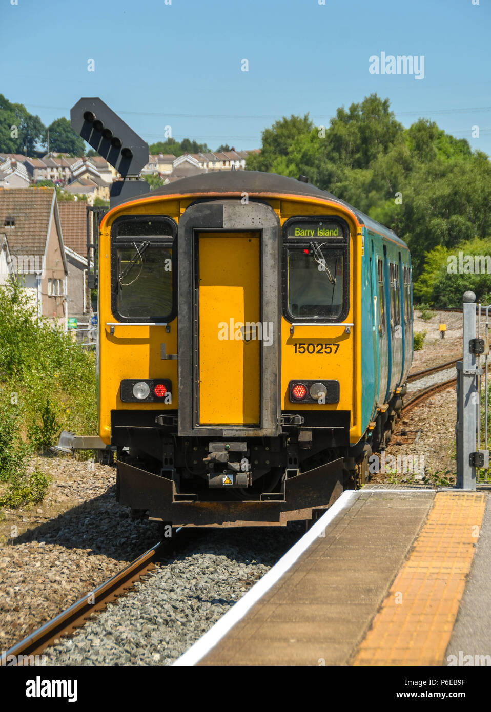 head on view of a Sprinter diesel passenger train arriving at Abercynon railway station in south Wales Stock Photo