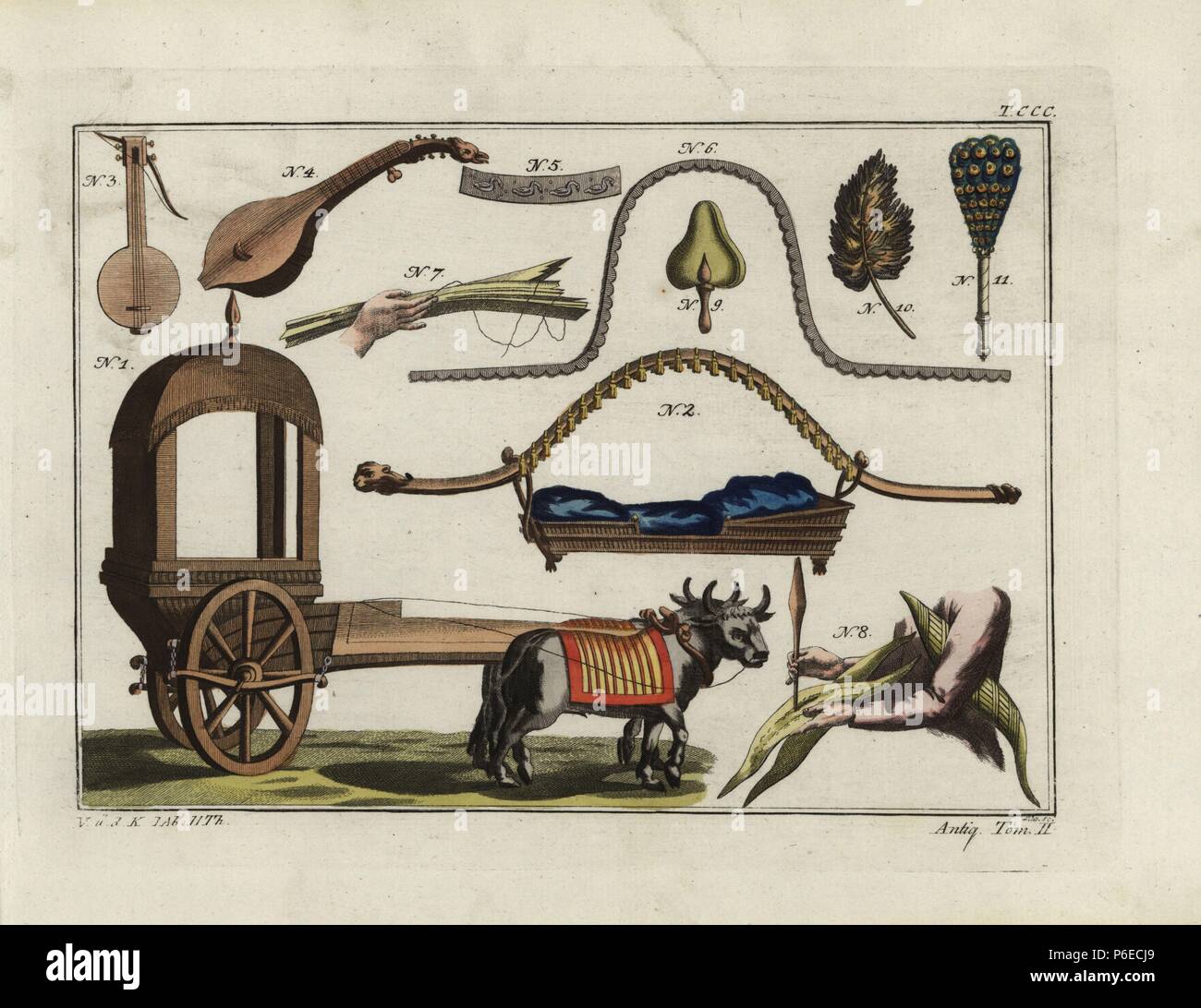Indian cart, palanquin, musical instrument, books, fans, and palace ornaments. Handcoloured copperplate engraving by Paul Weindl from Robert von Spalart's 'Historical Picture of the Costumes of the Principal People of Antiquity and of the Middle Ages,' Chez Collignon, Metz, 1810. Stock Photo