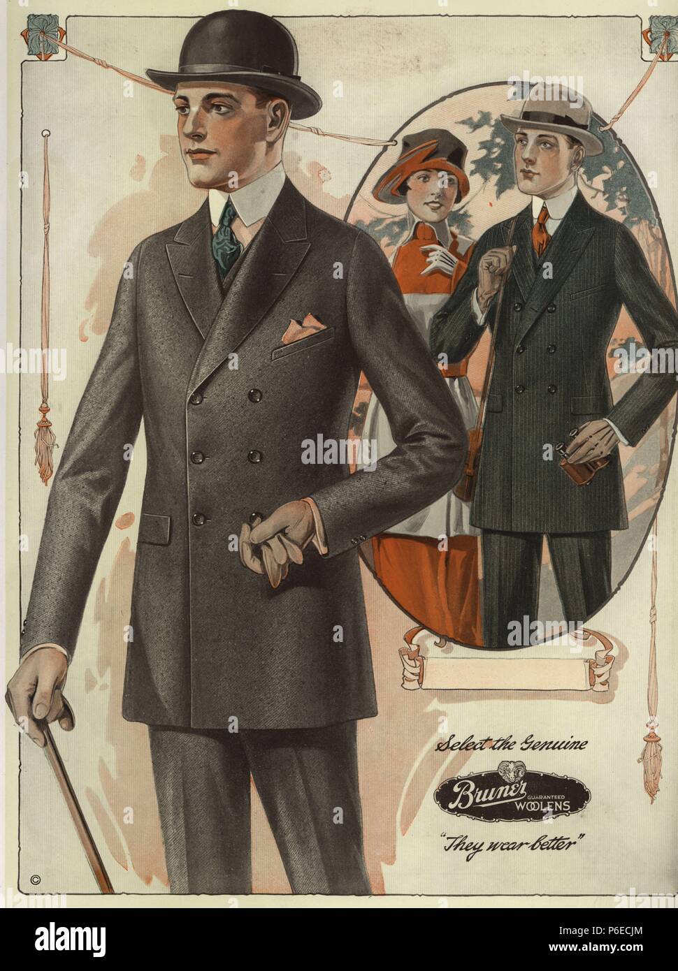 Men's conservative double-breasted suits in sack. Chromolithograph from a catalog of male winter fashions from Bruner Woolens, 1920. Stock Photo