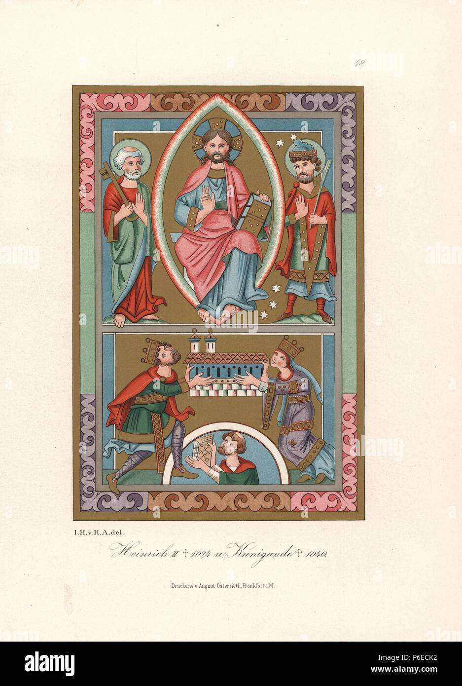 Portrait of Holy Roman Emperor Henry II and his wife Saint Cunigunde of Luxembourg from an illuminated missal in Hamberg library. Chromolithograph from Hefner-Alteneck's 'Costumes, Artworks and Appliances from the Middle Ages to the 17th Century,' Frankfurt, 1879. Illustration by Dr. Jakob Heinrich von Hefner-Alteneck and published by Heinrich Keller. Hefner-Alteneck (1811 - 1903) was a German museum curator, archaeologist, art historian, illustrator and etcher. Stock Photo