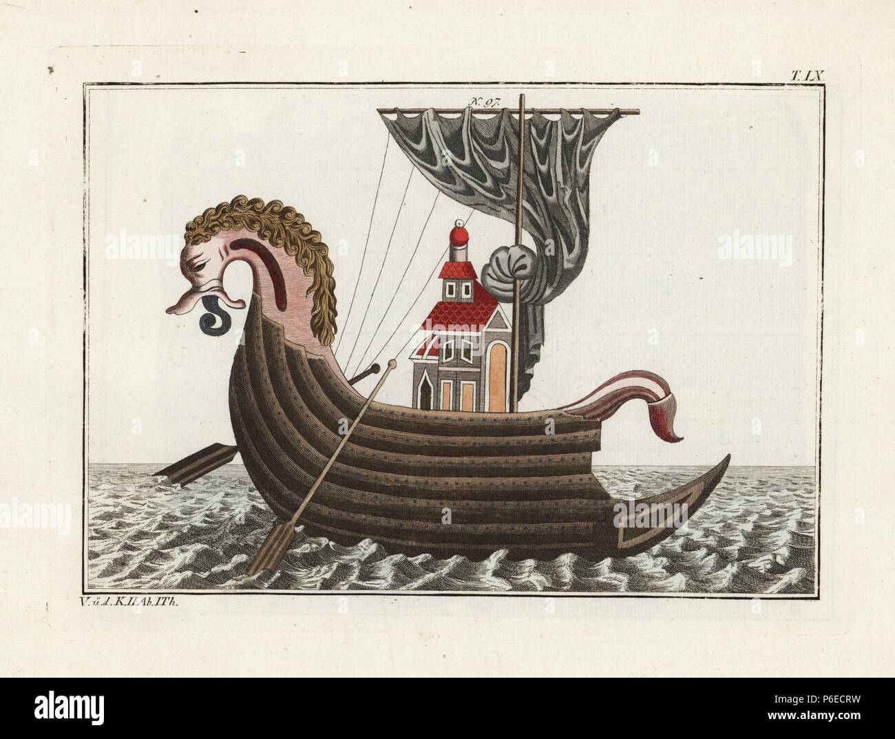 Anglo Saxon ship with sail from the era before the Norman invasion, 11th century. Handcoloured copperplate engraving from Robert von Spalart's 'Historical Picture of the Costumes of the Principal People of Antiquity and of the Middle Ages,' Chez Collignon, Metz, 1810. Stock Photo