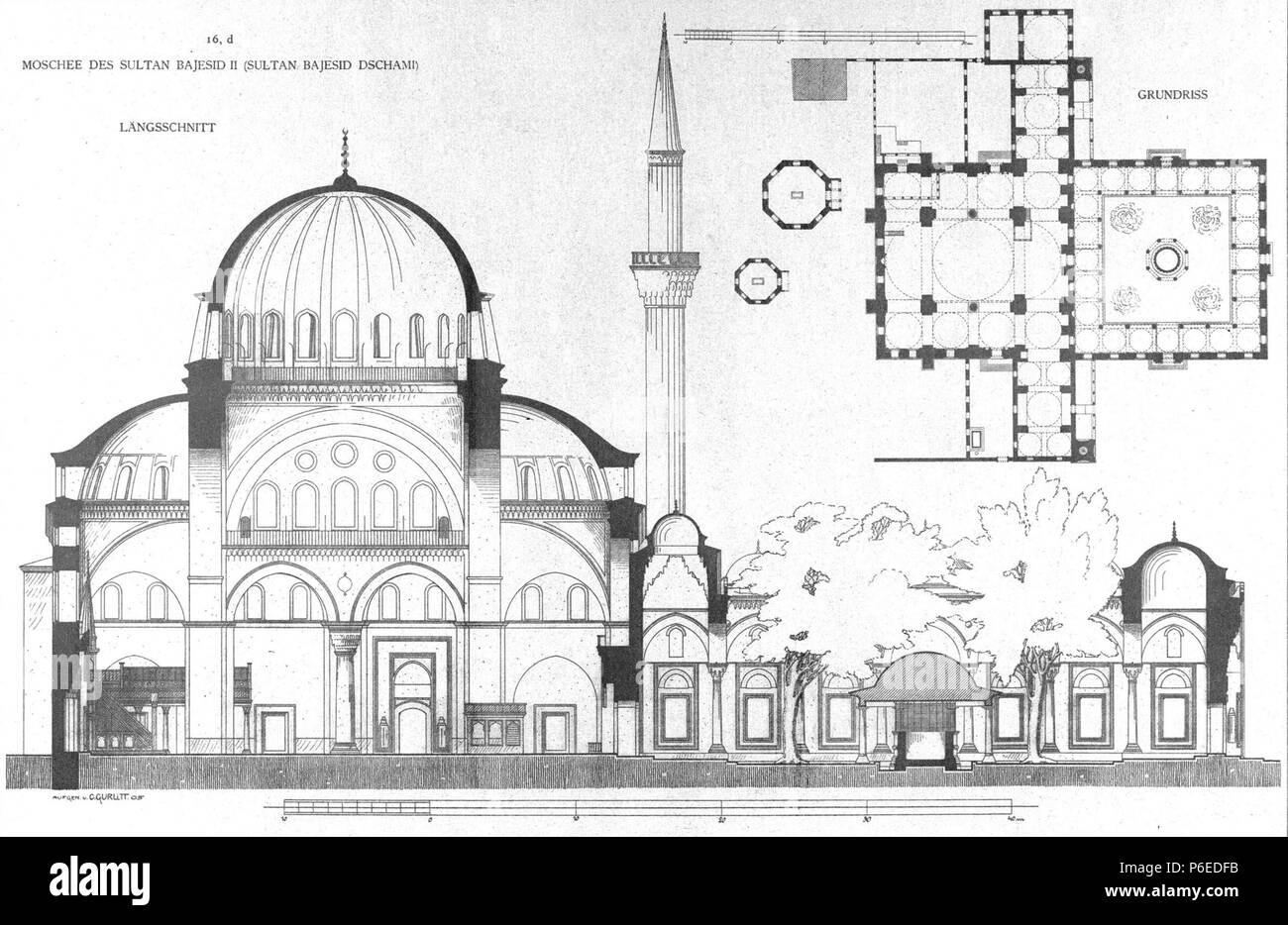 English: Elevation and plan of the Bayezid II Mosque in Istanbul . 1912 7 Bayezid II Mosque by Gurlitt 1912 Stock Photo