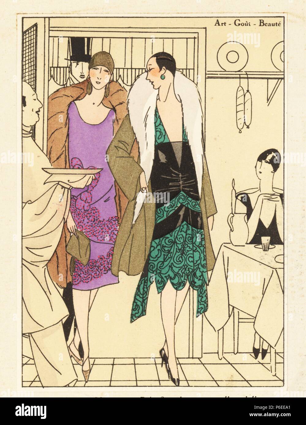 Two women entering a restaurant wearing evening dresses; one in lilac mousseline with embroidered flowers, and one in black crepe de chine with green lace. Lithograph with pochoir (stencil) handcolour from the luxury French fashion magazine 'Art, Gout, Beaute,' 1926. Stock Photo