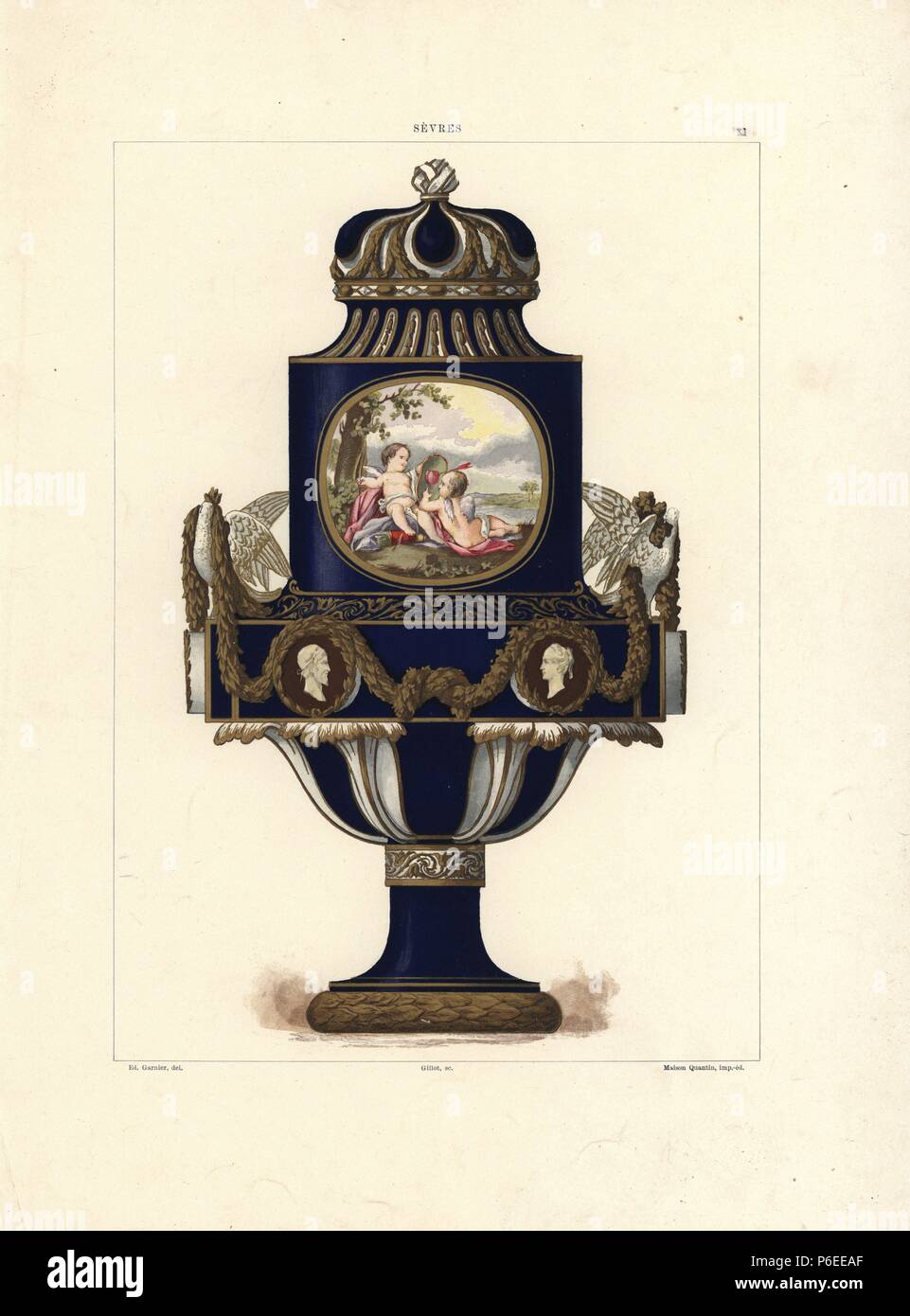 Aux Colombes vase by Sevres, neoclassical design with vignette of two cupids playing. From the collection of Baron Alphonse de Rothschild. Chromolithograph by Gillot of an illustration by Edouard Garnier from The Soft Paste Porcelain of Sevres, Maison Quantin, Paris, 1891. Stock Photo