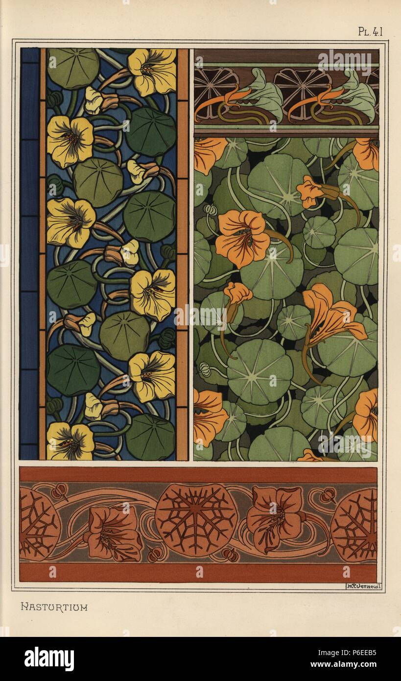 Nasturtium in art nouveau patterns for wallpaper, borders and stained  glass. Lithograph by M. P. Verneuil with pochoir (stencil) handcoloring  from Eugene Grasset's Plants and their Application to Ornament, Paris,  1897. Eugene