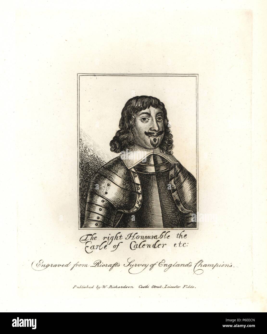 James Livingston, Earl of Callendar, Lieutenant-General in the Royalist Army, died 1672. From a portrait in Ricraft's 'Survey of England's Champions.' Copperplate engraving from Richardson's 'Portraits illustrating Granger's Biographical History of England,' London, 1792–1812. Published by William Richardson, printseller, London. James Granger (1723–1776) was an English clergyman, biographer, and print collector. Stock Photo