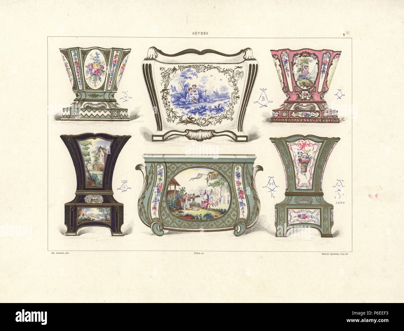 Flower pots or jardinieres: owned by Edouard Andre 1760, decorated by Vieillard 1754, owned by Baron Alphonse de Rothschild 1752, decorated by Vieillard 1759, painted by Charles-Nicolas Dodin 1760, painted by Bulidon 1764. Chromolithograph by Gillot of an illustration by Edouard Garnier from The Soft Paste Porcelain of Sevres, Maison Quantin, Paris, 1891. Stock Photo