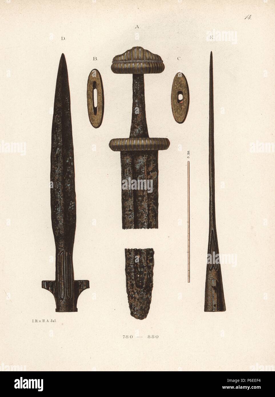 Sword and lance head from the 9th century. Chromolithograph from Hefner ...