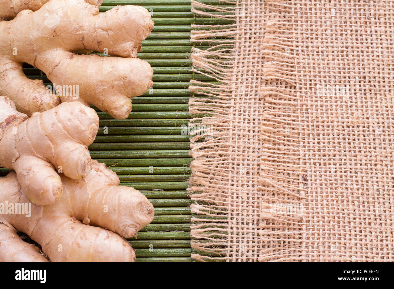 ginger roots on the table, top view Stock Photo