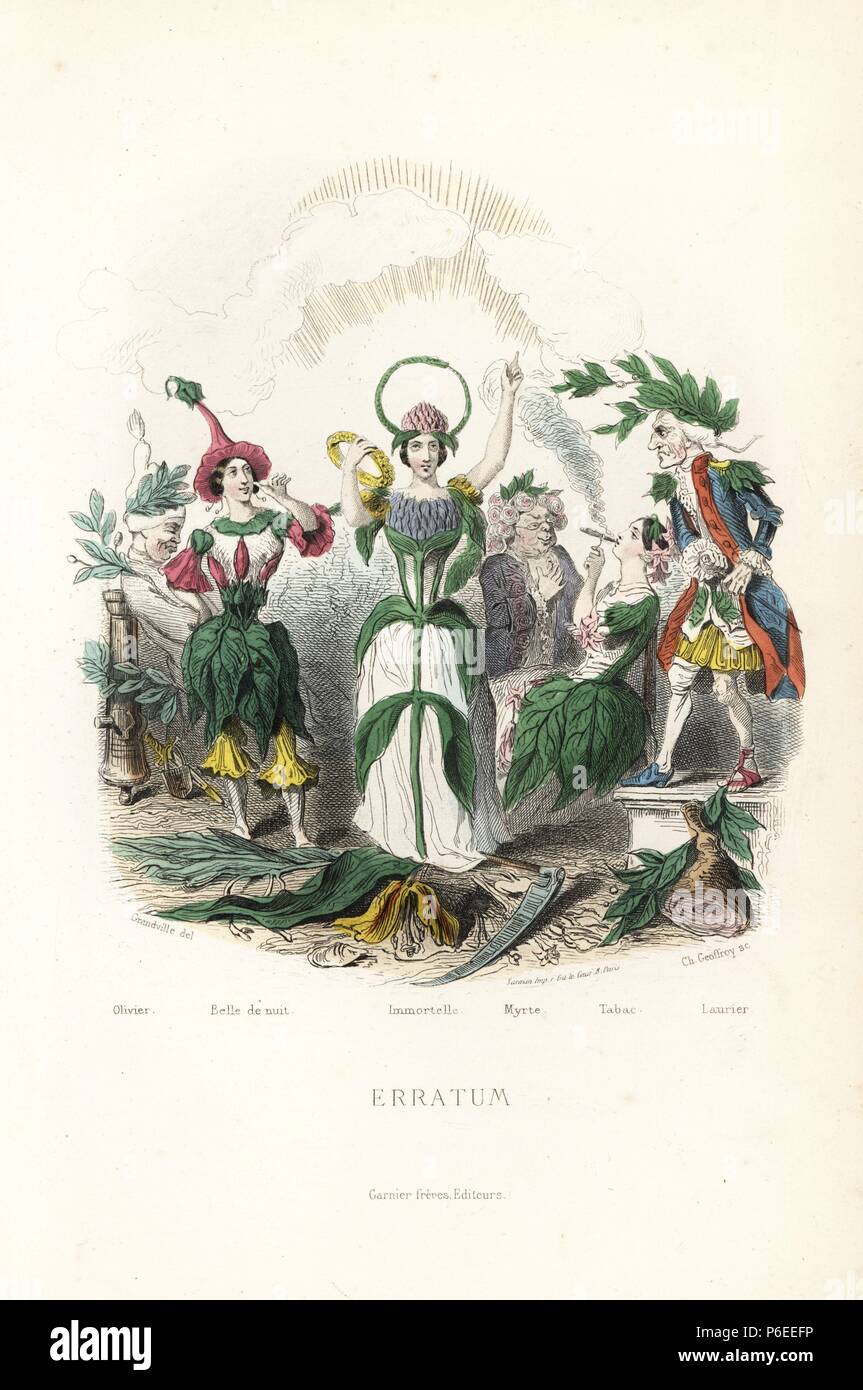 Flower fairies: a sleeping olive in cotton bonnet, the marvel of Peru, everlasting with crown and snake headdress, myrtle as an old rogue, tobacco smoking a cigar and laurel as an old musketeer. Handcoloured steel engraving by C. Geoffrois after an illustration by Jean Ignace Isidore Grandville from 'Les Fleurs Animees,' Paris, Gabriel de Gonet, 1847. Stock Photo