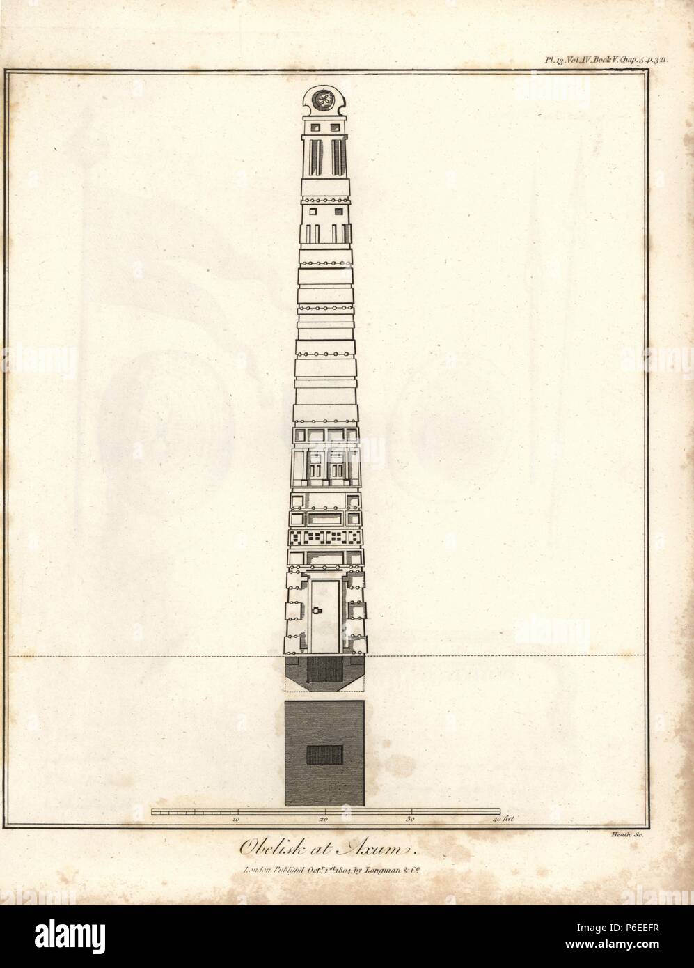 Obelisk at Axum, Ethiopia. Copperplate engraving from James Bruce's 'Travels to Discover the Source of the Nile, in the years 1768, 1769, 1770, 1771, 1772 and 1773,' London, 1790. James Bruce (1730-1794) was a Scottish explorer and travel writer who spent more than 12 years in North Africa and Ethiopia. Engraved by Heath after an original drawing by Bruce. Stock Photo