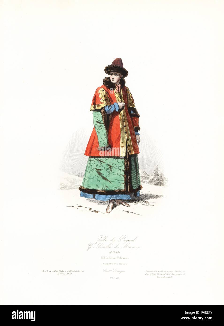 Boyar girl, Grand Duchy of Moscow, 17th century, Polish Library. Handcoloured steel engraving by Polydor Pauquet from the Pauquet Brothers' 'Modes et Costumes Etrangers Anciens et Modernes' (Foreign Fashions and Costumes Ancient and Modern), Paris, 1865. Hippolyte (b. 1797) and Polydor Pauquet (b. 1799) ran a successful publishing house in Paris in the 19th century, specializing in illustrated books on costume, birds, butterflies, anatomy and natural history. Stock Photo